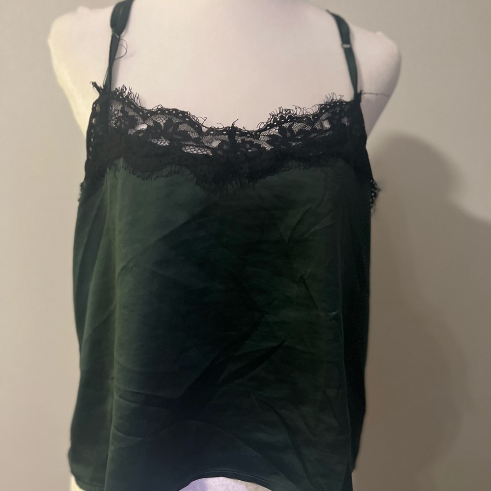 Fredericks of Hollywood Lace Trim Satin Cami pj top in Dark Green and Black